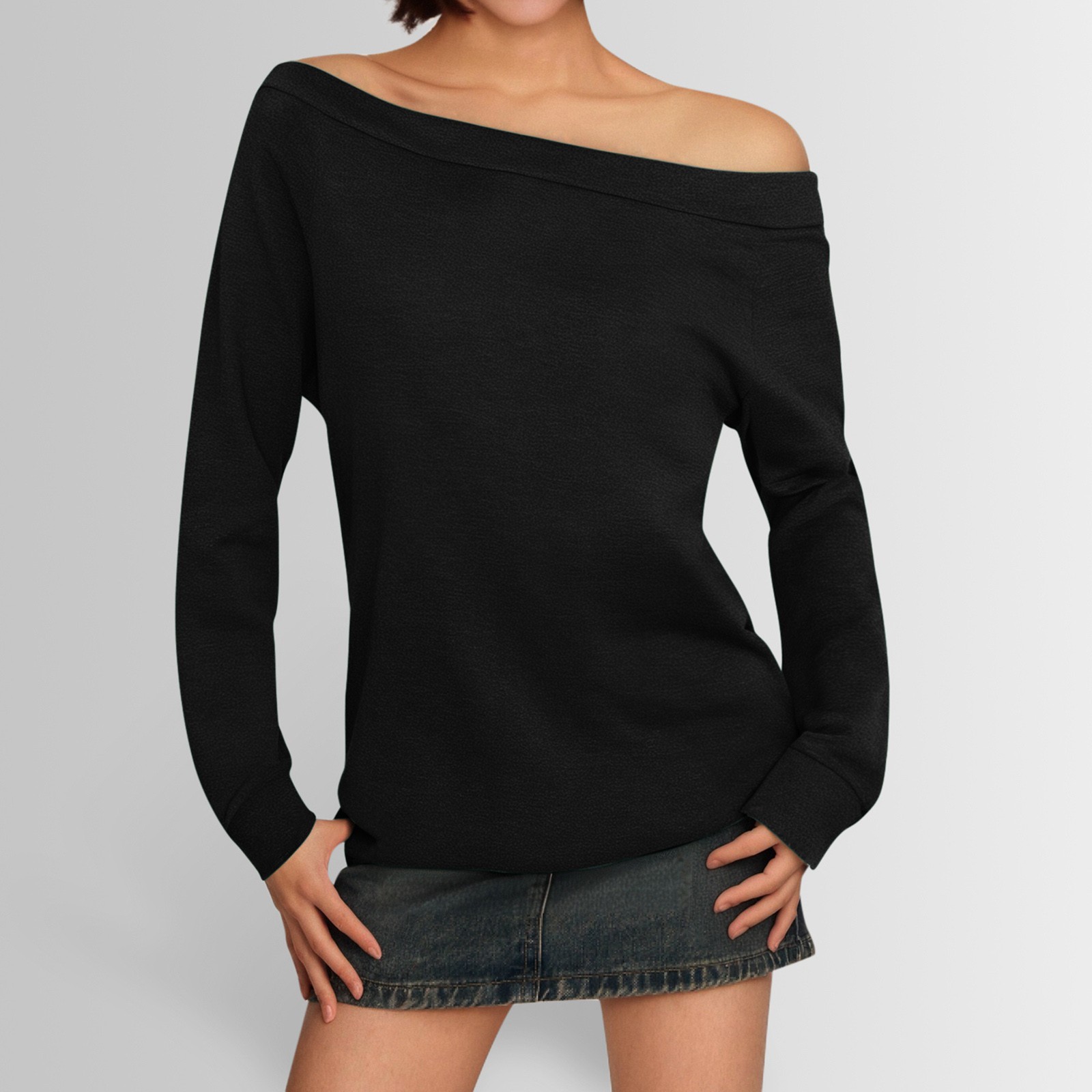 thumbnail image 2 of Blusa de manga larga con hombros descubiertos para mujer - Camiseta informal de verano de color liso, 2 of 6